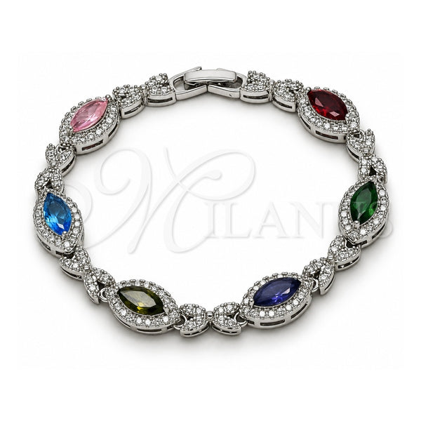 White Gold Filled Tennis Bracelet, Hugs and Kisses and Cluster Design, with Multicolor and White Cubic Zirconia, Polished, Rhodium Finish, 03.130.0025.1.07 (Thickness, 7 Inches Length)