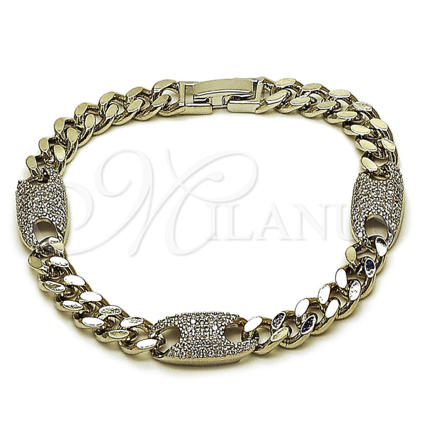Rhodium Gold Filled Fancy Bracelet, Puff Mariner and Miami Cuban Design, with White Cubic Zirconia, Polished, Rhodium Finish, 03.130.0028.1.07 (Thickness, 7 Inches Length)