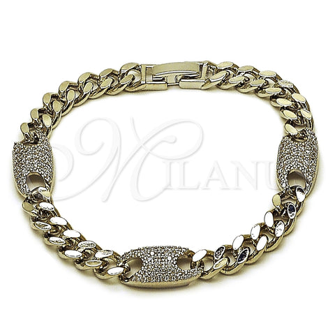Rhodium Gold Filled Fancy Bracelet, Puff Mariner and Miami Cuban Design, with White Cubic Zirconia, Polished, Rhodium Finish, 03.130.0028.1.07 (Thickness, 7 Inches Length)