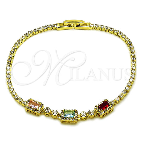 Oro Laminado Fancy Bracelet, Gold Filled Style Cluster and Baguette Design, with Multicolor and White Cubic Zirconia, Polished, Golden Finish, 03.130.0029.07 (02 MM Thickness, 7 Inches Length)