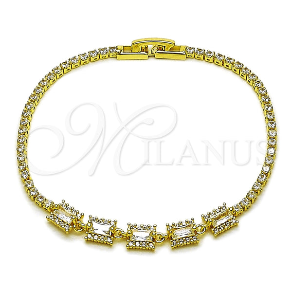 Oro Laminado Fancy Bracelet, Gold Filled Style Cluster and Baguette Design, with White Cubic Zirconia, Polished, Golden Finish, 03.130.0030.07 (02 MM Thickness, 7 Inches Length)