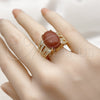 Oro Laminado Multi Stone Ring, Gold Filled Style Greek Key Design, with Brown Goldstone Venturina and White Cubic Zirconia, Polished, Golden Finish, 01.210.0134 (One size fits all)