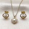 Oro Laminado Earring and Pendant Adult Set, Gold Filled Style Heart and Cluster Design, with Ivory Pearl and White Cubic Zirconia, Polished, Golden Finish, 10.379.0113