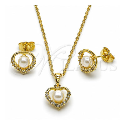 Oro Laminado Earring and Pendant Adult Set, Gold Filled Style Heart and Cluster Design, with Ivory Pearl and White Cubic Zirconia, Polished, Golden Finish, 10.379.0113