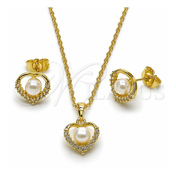 Oro Laminado Earring and Pendant Adult Set, Gold Filled Style Heart and Cluster Design, with Ivory Pearl and White Cubic Zirconia, Polished, Golden Finish, 10.379.0113