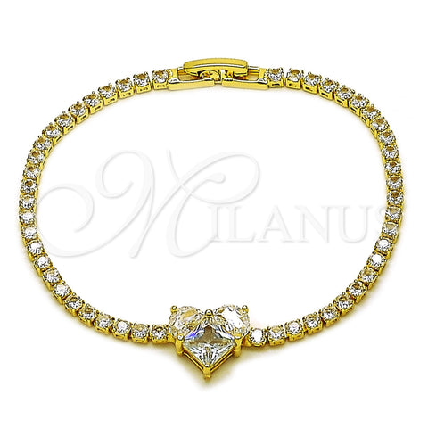 Oro Laminado Fancy Bracelet, Gold Filled Style Heart Design, with White Cubic Zirconia, Polished, Golden Finish, 03.130.0035.07 (Thickness, 7 Inches Length)