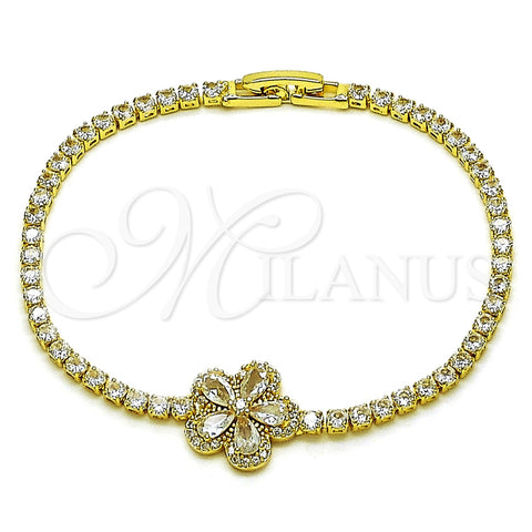 Oro Laminado Fancy Bracelet, Gold Filled Style Flower and Teardrop Design, with White Cubic Zirconia, Polished, Golden Finish, 03.130.0043.07 (Thickness, 7 Inches Length)