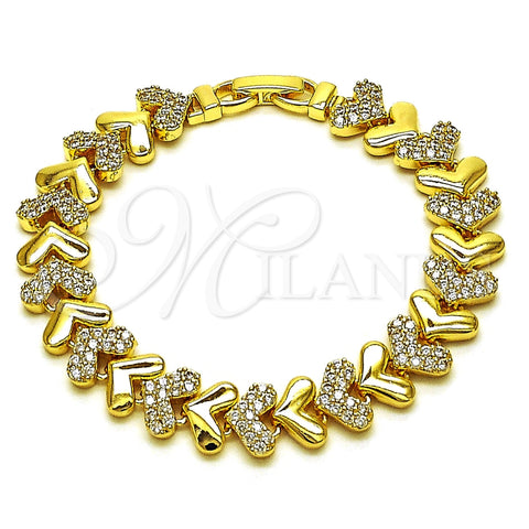 Oro Laminado Tennis Bracelet, Gold Filled Style Heart Design, with White Cubic Zirconia, Polished, Golden Finish, 03.283.0561.07 (Thickness, 8 Inches Length)