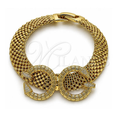 Oro Laminado Fancy Bracelet, Gold Filled Style Nail Design, with White Cubic Zirconia, Polished, Golden Finish, 03.283.0567.07 (Thickness, 7 Inches Length)
