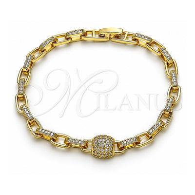 Oro Laminado Fancy Bracelet, Gold Filled Style Paperclip Design, with White Micro Pave, Polished, Golden Finish, 03.283.0568.07 (05 MM Thickness, 8 Inches Length)