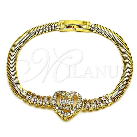 Oro Laminado Fancy Bracelet, Gold Filled Style Heart and Baguette Design, with White Cubic Zirconia, Polished, Golden Finish, 03.283.0571.07 (05 MM Thickness, 8 Inches Length)