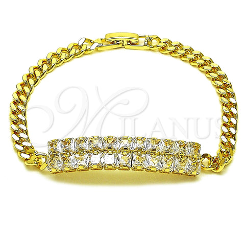 Oro Laminado Fancy Bracelet, Gold Filled Style Miami Cuban Design, with White Cubic Zirconia, Polished, Golden Finish, 03.283.0572.07 (05 MM Thickness, 8 Inches Length)