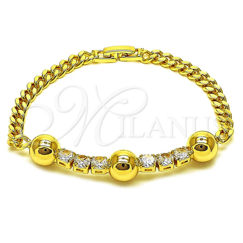 Oro Laminado Fancy Bracelet, Gold Filled Style Miami Cuban and Ball Design, with White Cubic Zirconia, Polished, Golden Finish, 03.283.0573.07 (05 MM Thickness, 8 Inches Length)