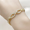 Oro Laminado Fancy Bracelet, Gold Filled Style Belt Buckle and Teardrop Design, with White Cubic Zirconia, Polished, Golden Finish, 03.283.0575.07 (Thickness, 8 Inches Length)
