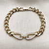 Oro Laminado Fancy Bracelet, Gold Filled Style Belt Buckle and Teardrop Design, with White Cubic Zirconia, Polished, Golden Finish, 03.283.0575.07 (Thickness, 8 Inches Length)