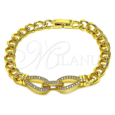 Oro Laminado Fancy Bracelet, Gold Filled Style Belt Buckle and Teardrop Design, with White Cubic Zirconia, Polished, Golden Finish, 03.283.0575.07 (Thickness, 8 Inches Length)
