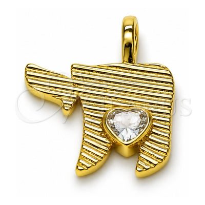 Oro Laminado Religious Pendant, Gold Filled Style Heart and Judaica Design, with White Cubic Zirconia, Polished, Golden Finish, 05.459.0024