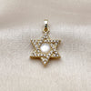 Oro Laminado Religious Pendant, Gold Filled Style Star of David Design, with White Cubic Zirconia and Ivory Mother of Pearl, Polished, Golden Finish, 05.459.0029