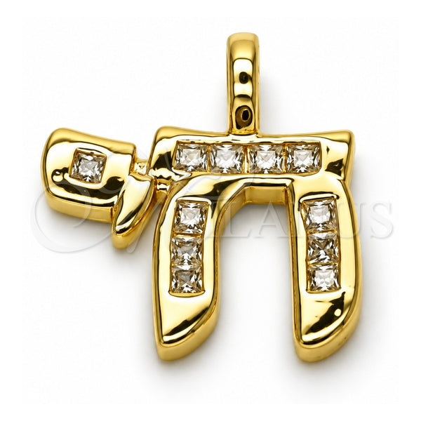 Oro Laminado Religious Pendant, Gold Filled Style Judaica Design, with White Cubic Zirconia, Polished, Golden Finish, 05.459.0035