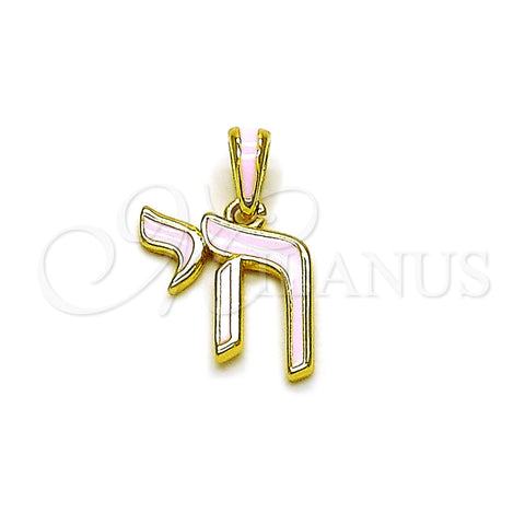 Oro Laminado Religious Pendant, Gold Filled Style Pink Enamel Finish, Golden Finish, 05.459.0036