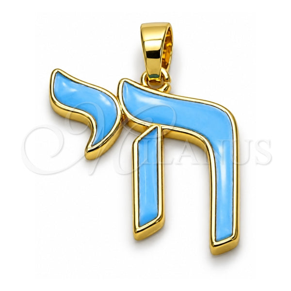 Oro Laminado Religious Pendant, Gold Filled Style Judaica Design, Turquoise Enamel Finish, Golden Finish, 05.459.0037.1