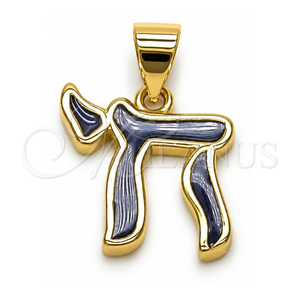 Oro Laminado Religious Pendant, Gold Filled Style Judaica Design, Blue Enamel Finish, Golden Finish, 05.459.0038.2