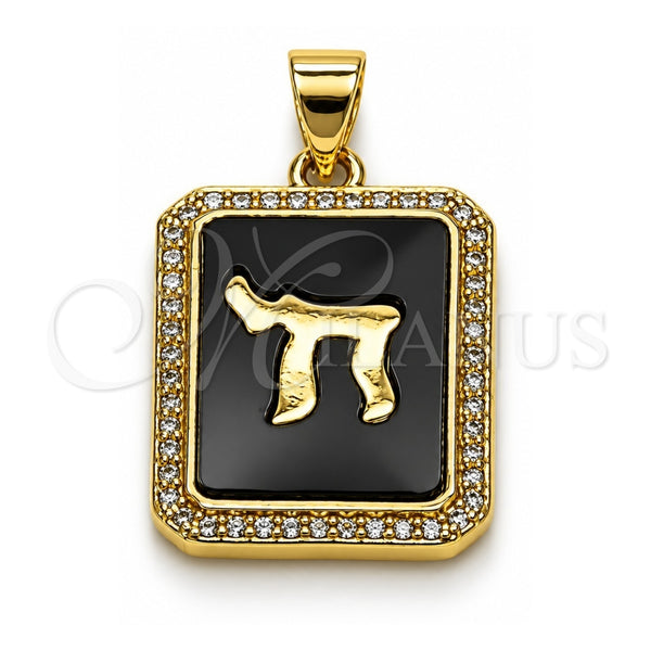 Oro Laminado Religious Pendant, Gold Filled Style Judaica Design, with Black Mother of Pearl and White Micro Pave, Polished, Golden Finish, 05.459.0039.1
