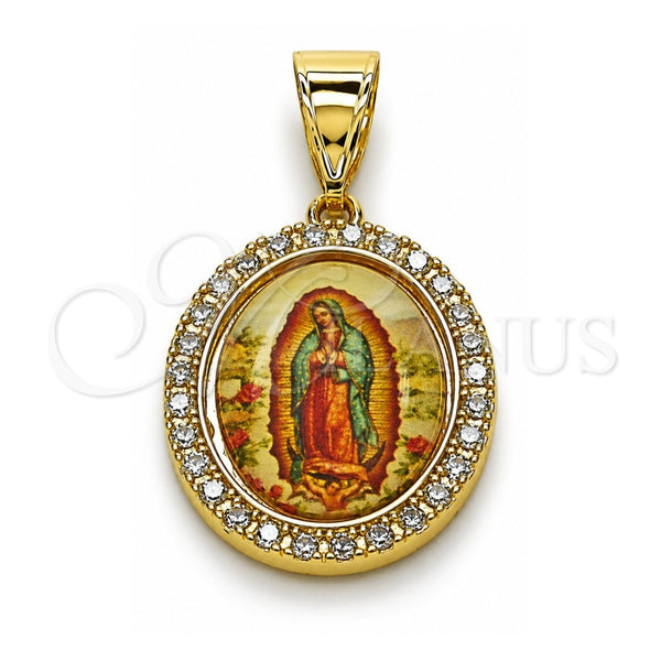 Oro Laminado Religious Pendant, Gold Filled Style Guadalupe Design, with White Cubic Zirconia, Polished, Golden Finish, 05.253.0208