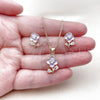 Oro Laminado Earring and Pendant Adult Set, Gold Filled Style Flower and Teardrop Design, with White Cubic Zirconia, Purple Enamel Finish, Golden Finish, 10.156.0567.1