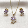 Oro Laminado Earring and Pendant Adult Set, Gold Filled Style Flower and Teardrop Design, with White Cubic Zirconia, Purple Enamel Finish, Golden Finish, 10.156.0567.1
