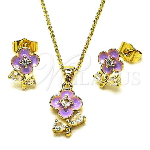 Oro Laminado Earring and Pendant Adult Set, Gold Filled Style Flower and Teardrop Design, with White Cubic Zirconia, Purple Enamel Finish, Golden Finish, 10.156.0567.1