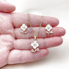 Oro Laminado Earring and Pendant Adult Set, Gold Filled Style Flower and Teardrop Design, with White Cubic Zirconia, White Enamel Finish, Golden Finish, 10.156.0567.2