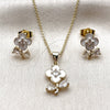 Oro Laminado Earring and Pendant Adult Set, Gold Filled Style Flower and Teardrop Design, with White Cubic Zirconia, White Enamel Finish, Golden Finish, 10.156.0567.2