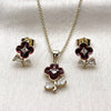 Oro Laminado Earring and Pendant Adult Set, Gold Filled Style Flower and Teardrop Design, with White Cubic Zirconia, Red Enamel Finish, Golden Finish, 10.156.0567.3