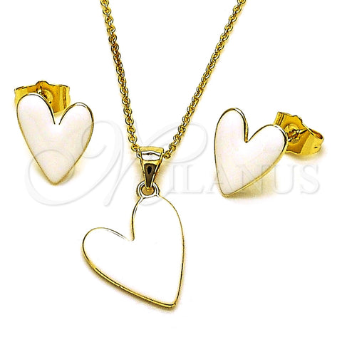 Oro Laminado Earring and Pendant Adult Set, Gold Filled Style Heart Design, White Enamel Finish, Golden Finish, 10.156.0568