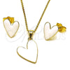 Oro Laminado Earring and Pendant Adult Set, Gold Filled Style Heart Design, White Enamel Finish, Golden Finish, 10.156.0568