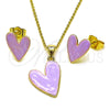 Oro Laminado Earring and Pendant Adult Set, Gold Filled Style Heart Design, Purple Enamel Finish, Golden Finish, 10.156.0568.1