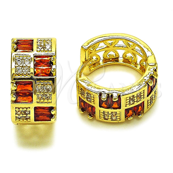 Gold Filled Hoop Earrings — Huggie Hoop Baguette and Heart Design with Garnet — main product view — SKU 165991 | Oro Laminado aretes de aro — Huggie Hoop Baguette and corazón diseño with Garnet — SKU 165991