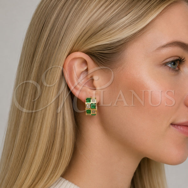 Gold Filled Hoop Earrings — Huggie Hoop Baguette and Heart Design with Green — alternate product view — SKU 165992 | Oro Laminado aretes de aro — Huggie Hoop Baguette and corazón diseño with Green — SKU 165992