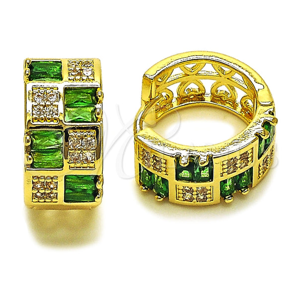 Gold Filled Hoop Earrings — Huggie Hoop Baguette and Heart Design with Green — main product view — SKU 165992 | Oro Laminado aretes de aro — Huggie Hoop Baguette and corazón diseño with Green — SKU 165992