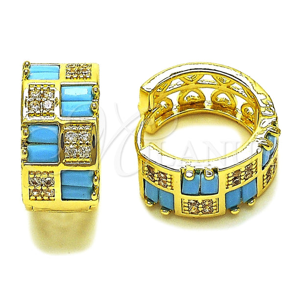 Gold Filled Hoop Earrings — Huggie Hoop Baguette and Heart Design with Turquoise — main product view — SKU 165993 | Oro Laminado aretes de aro — Huggie Hoop Baguette and corazón diseño with Turquoise — SKU 165993