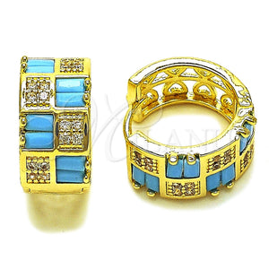 Gold Filled Hoop Earrings — Huggie Hoop Baguette and Heart Design with Turquoise — main product view — SKU 165993 | Oro Laminado aretes de aro — Huggie Hoop Baguette and corazón diseño with Turquoise — SKU 165993