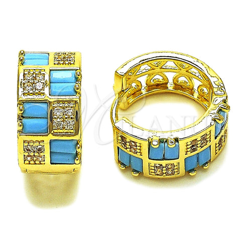 Oro Laminado Huggie Hoop, Gold Filled Style Baguette and Heart Design, with Turquoise and White Cubic Zirconia, Polished, Golden Finish, 02.267.0073.3.16