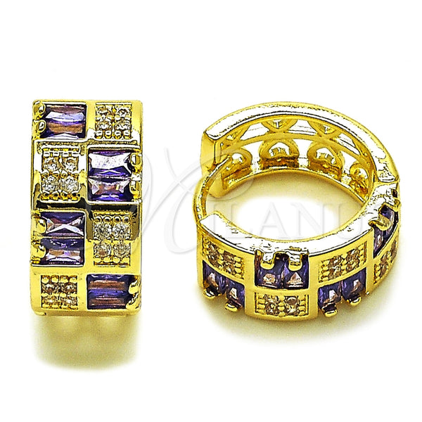 Gold Filled Hoop Earrings — Huggie Hoop Baguette and Heart Design with Amethyst — main product view — SKU 165994 | Oro Laminado aretes de aro — Huggie Hoop Baguette and corazón diseño with Amethyst — SKU 165994