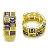 Oro Laminado Huggie Hoop, Gold Filled Style Baguette and Heart Design, with Amethyst and White Cubic Zirconia, Polished, Golden Finish, 02.267.0073.4.16