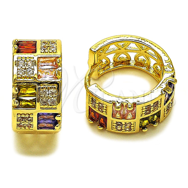 Gold Filled Hoop Earrings — Huggie Hoop Baguette and Heart Design with Multicolor — main product view — SKU 165995 | Oro Laminado aretes de aro — Huggie Hoop Baguette and corazón diseño with Multicolor — SKU 165995