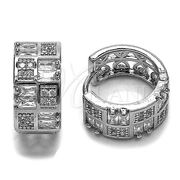 White Gold Filled Hoop Earrings — Huggie Hoop Baguette and Heart Design with White — main product view — SKU 165996 | Oro Laminado Blanco aretes de aro — Huggie Hoop Baguette and corazón diseño with blanco — SKU 165996