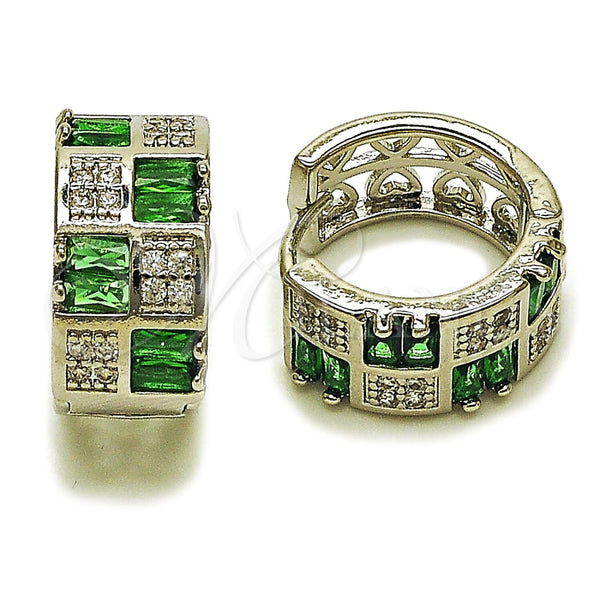 White Gold Filled Hoop Earrings — Huggie Hoop Baguette and Heart Design with Green — main product view — SKU 165998 | Oro Laminado Blanco aretes de aro — Huggie Hoop Baguette and corazón diseño with Green — SKU 165998