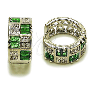 White Gold Filled Hoop Earrings — Huggie Hoop Baguette and Heart Design with Green — main product view — SKU 165998 | Oro Laminado Blanco aretes de aro — Huggie Hoop Baguette and corazón diseño with Green — SKU 165998