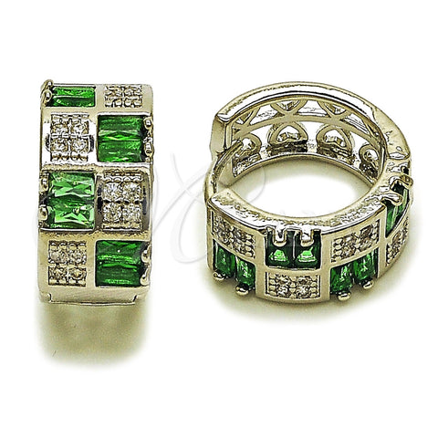 Rhodium Gold Filled Huggie Hoop, Baguette and Heart Design, with Green and White Cubic Zirconia, Polished, Rhodium Finish, 02.267.0073.8.16